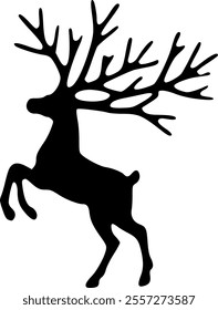 Black silhouette on a white background. Deer with large branched antlers.
