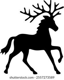 Black silhouette on a white background. Deer with large branched antlers.