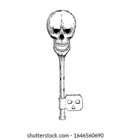 Black silhouette on white of an old antique key topped with a skull conceptual of unlocking a pirate treasure, or a horror design element for Halloween, vector illustration. tattoo design.