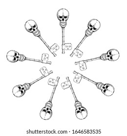 Black silhouette on white of an old antique key topped with a skull conceptual of unlocking a pirate treasure, or a horror design element for Halloween, vector illustration