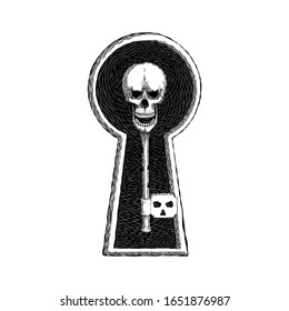 Black silhouette on white of an old antique key topped with a skull conceptual of unlocking a pirate treasure, or a horror design element for Halloween, vector illustration. tattoo design.