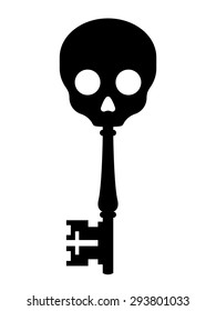 Black silhouette on white of an old antique key topped with a skull conceptual of unlocking a pirate treasure, or a horror design element for Halloween, vector illustration