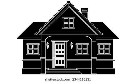 Black silhouette of one-story house with porch and canopy isolated on white background. Vector clipart.