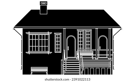 Black silhouette of one-story house with porch and benches isolated on white background. Vector clipart.