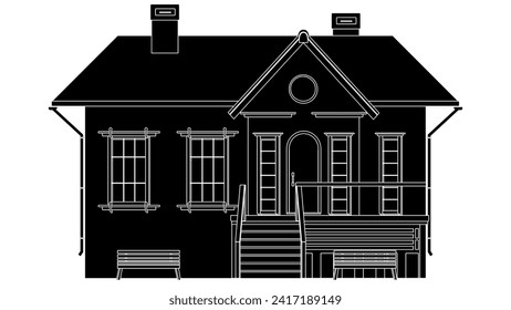 Silueta negra de una casa de una planta con porche y bancos aislados de fondo blanco. Vector clipart.