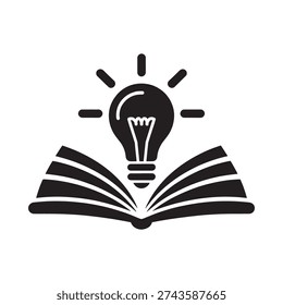 A black silhouette of an open book with a glowing lightbulb above