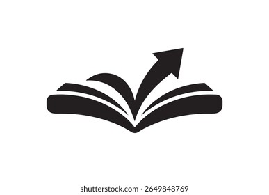 A black silhouette of an open book with pages fanning out, and an upward-pointing arrow emerging from the center. This graphic symbolizes growth, learning, and progress, isolated on white background.