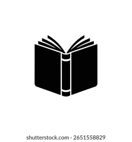 Silhueta preta de um livro aberto com páginas visíveis e lombada. Elemento gráfico vetorial ideal para temas relacionados a educação, leitura, biblioteca ou livros. Ilustração monocromática do conhecimento.