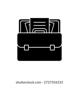 A black silhouette of an open briefcase displaying documents and papers silhouette