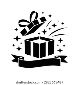 Black silhouette of an open gift box with the lid flying off, releasing stars and magic, with a blank ribbon below.