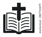 A black silhouette of an open holy bible with a cross on top representing faith and spirituality
