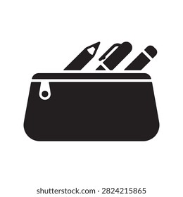 Black silhouette of an open pencil case with writing utensils including pencils and a marker, representing school supplies and stationery.