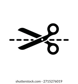 Black silhouette of open scissors cutting a dashed line, representing cutting, editing, or crafting concepts.