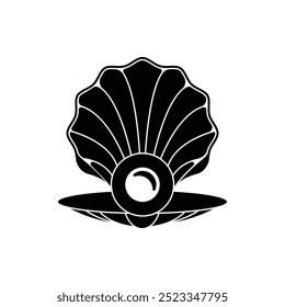 The black silhouette of an open shell with pearls. flat-style logo. illustration