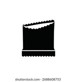 Silueta negra de una envoltura de bocadillos abierta con bordes irregulares sobre un fondo blanco.