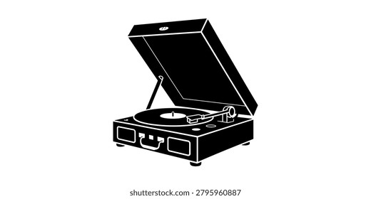 Black silhouette of an open vintage record player with a vinyl disc and needle in white background