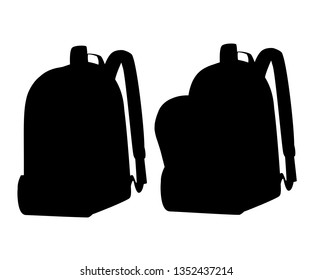 Black silhouette. Opened and closed school bags. Empty rucksack. Backpack with zippers. Cartoon design. Flat vector illustration isolated on white background.