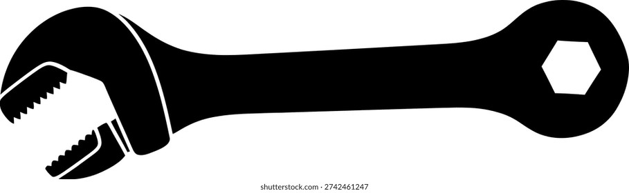 Black silhouette of an open-end wrench and a box-end wrench combined, a versatile tool for tightening and loosening nuts and bolts.