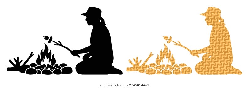 Black silhouette and orange wavy pattern icon set of person roasting marshmallow over campfire.