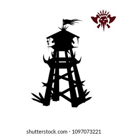 Black silhouette of orcs tower. Fantasy object. Archer medieval watchtower. Game fortress icon. Vector illustration