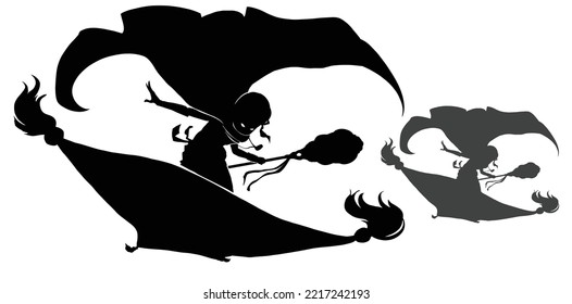 The black silhouette of an oriental wizard with a staff, he deftly balances standing on the carpet of an airplane flying rapidly forward. 2d vector art