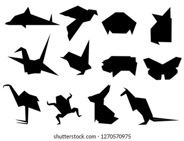 Black silhouette. Origami japanese animal set. Modern hobby. Flat vector illustration isolated on white background. Black paper animals, low polygonal design.