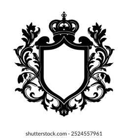 Black silhouette of Ornament emblem shield with crown isolated white background