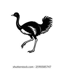 A black silhouette of an ostrich running, showcasing its long legs and detailed feathers