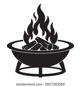Black silhouette of an outdoor fire pit bowl with burning wood logs and flames, isolated icon.