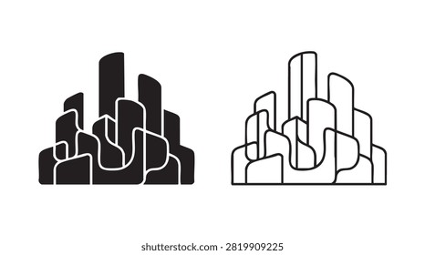 black silhouette and outline art vector icon of abstract city skyline interlocking buildin