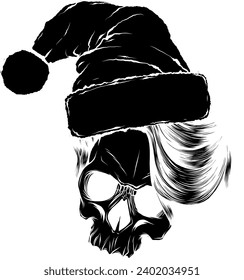 black silhouette of outline drawing of a horror santa claus skull with hat pompom.