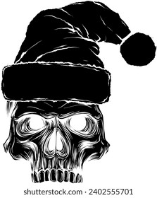 black silhouette of outline drawing of a horror santa claus skull with hat pompom.