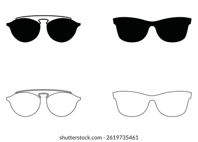 Black Silhouette and Outline Glasses Collection Flat Vector Design Isolated on White

