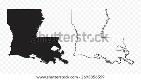 Black silhouette and outline maps of the state of Louisiana, USA