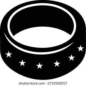 A black silhouette of an oval ring with a crescent moon shape inside and stars around the outer edge.