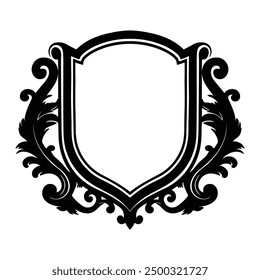 Black silhouette of Oval shield with heraldic elements, Heraldic design element