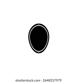 A black silhouette of an oval Spartan shield is centered against a white background The shield has a slightly thicker outer border. Simple vector graphic.