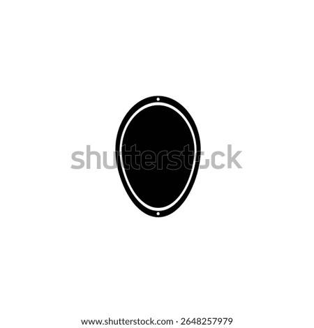 A black silhouette of an oval Spartan shield is centered against a white background The shield has a slightly thicker outer border. Simple vector graphic.