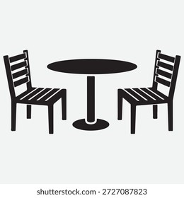 Black silhouette of oval table and two chairs with slatted backs on light gray background furniture seating