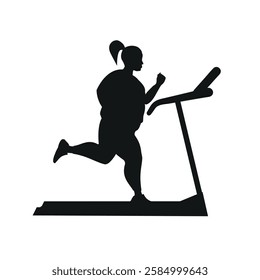 A black silhouette. Overweight girls running on a treadmill.