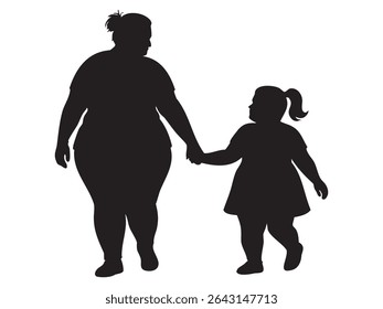 Black silhouette of an overweight woman holding hands with child girl, isolated on white background, graphic illustration. concept of family, friendship, parenting, connection, mother and daughter.