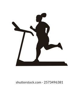 Black silhouette of an overweight woman running on a treadmill.