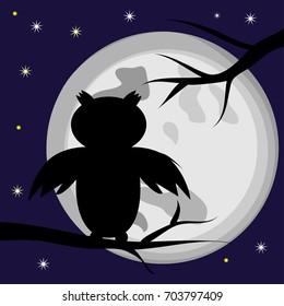 Black silhouette of an owl, a bird sitting on a tree branch against the background of the full moon. Night. Halloween