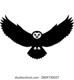 A black silhouette of an owl in flight with wings fully extended, showcasing detailed feather patterns and a focused gaze, set against a plain background.