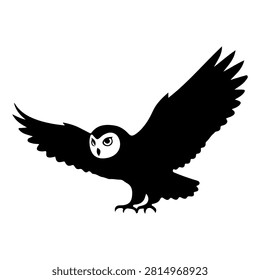 A black silhouette of an owl in flight with wings fully extended, set against a plain white background, emphasizing its shape and wingspan.