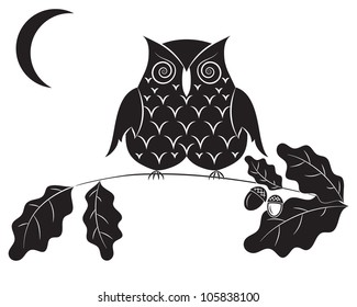 Black silhouette of an owl on a branch of an oak and the moon. Vector.