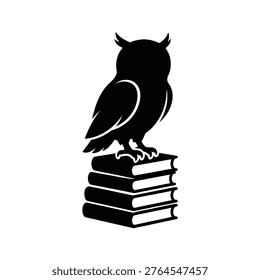 Black silhouette of an owl perched on a stack of four books, white background