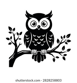A black silhouette of an owl perched on a tree branch with leaves, looking alert and watchful, against a white background