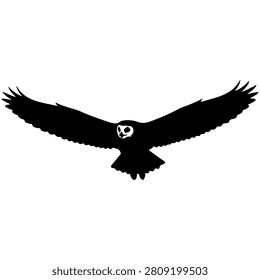 A black silhouette of an owl soaring with wings fully extended, showcasing its majestic form against a plain background.