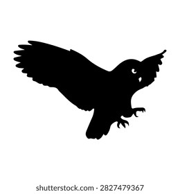 Black silhouette of an owl with wings spread wide, showcasing detailed feathers and a focused gaze, set against a plain white background.